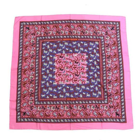 HERMES Pleated curry silk CHASSE EN INDE Indian Hunting scarf Blue